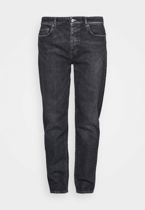 Black straight-leg denim jeans with front button and zipper closure, belt loops, and five-pocket styling.