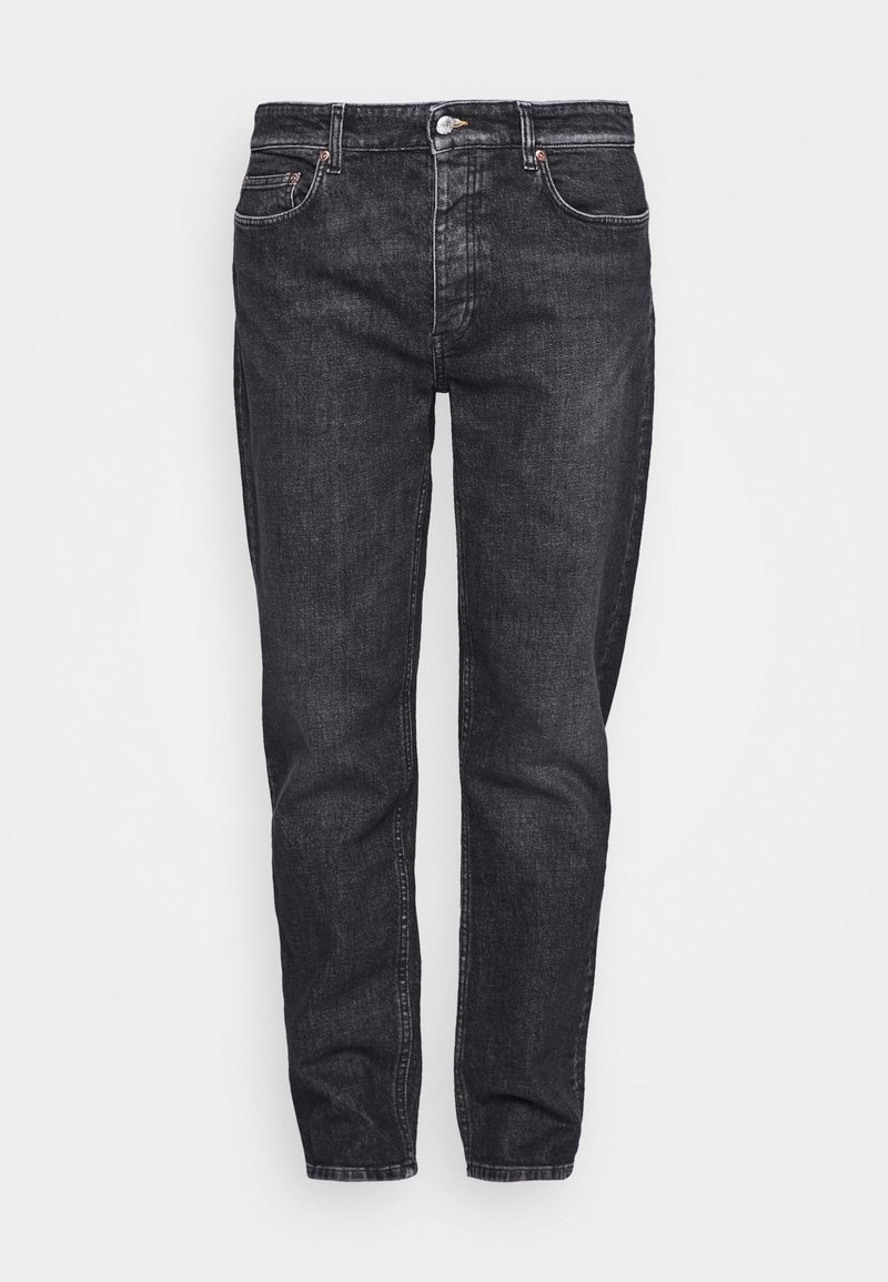Jean en denim noir à jambe droite avec fermeture avant à boutons et zip, passants pour ceinture et style à cinq poches.