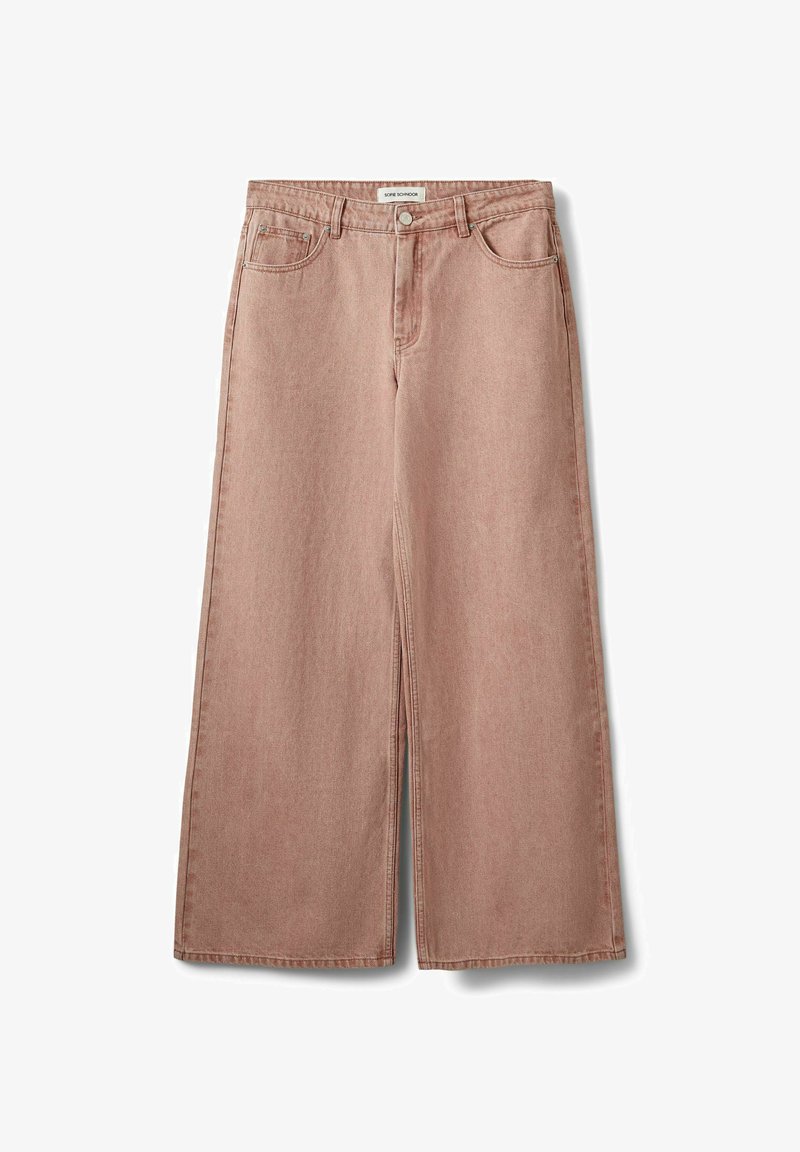 Jean en denim rose taille haute à jambes larges avec bouton avant, fermeture éclair, passants pour ceinture, et poches avant et arrière, posé à plat sur fond blanc.