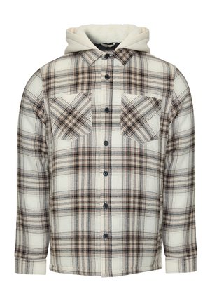 Kariertes Shirt-Jacke in Creme, Braun und Marineblau, mit einer flauschigen Kapuze, zwei Brusttaschen und Knopfverschluss, im klassischen Schnitt.