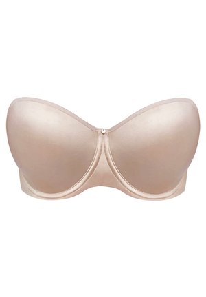 Strapless nude beha van glad, glanzend materiaal, gemolde cups en een sluiting met een centrale haak. Naadloos ontwerp voor een strakke silhouet.