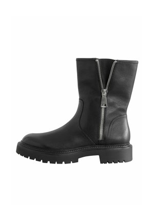 Black leather ankle boots featuring a side zipper, round toe, chunky rubber sole, and textured finish, designed for durability and comfort.