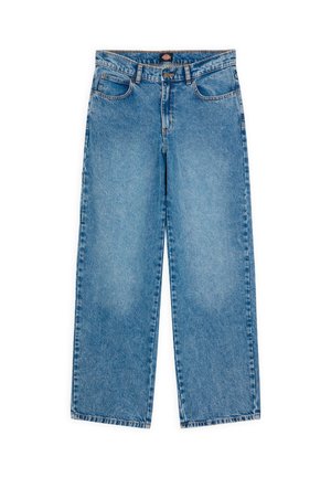 Jeans a gamba larga in denim azzurro chiaro con vita alta, cinque tasche e passanti per cintura. Il tessuto presenta una leggera texture e una sfumatura uniforme.