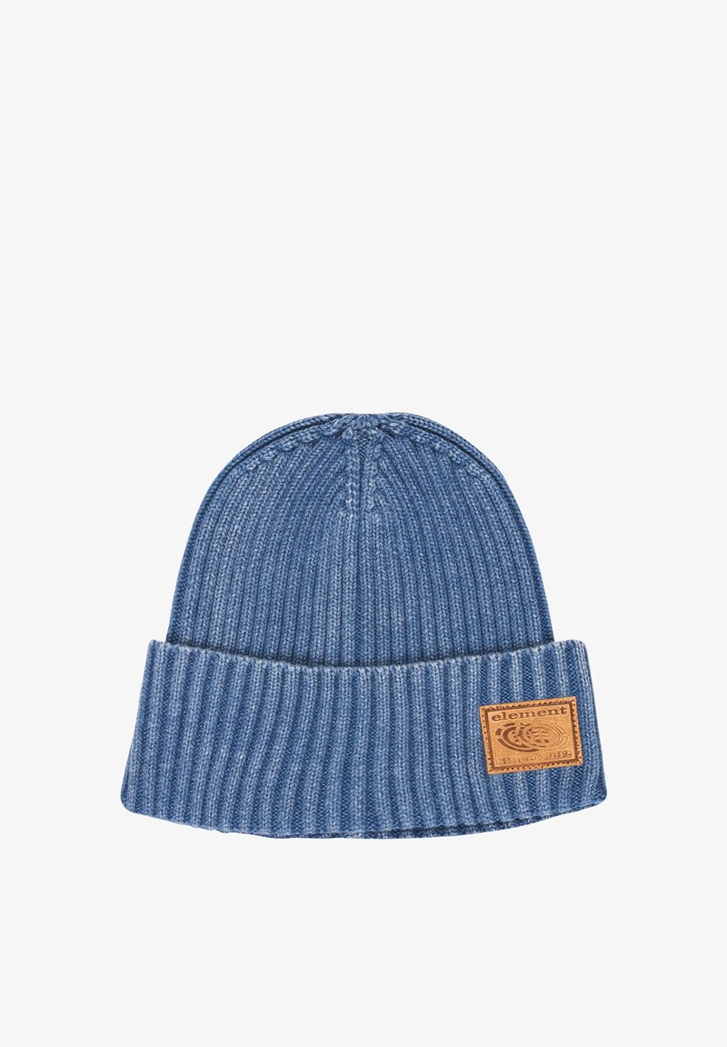 Blauwe gebreide beanie met een geribbelde textuur en omgeslagen manchet. Voorzien van een tan leren label met reliëfbranding.