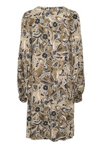 Haljina dugih rukava u smeškastom i krem cvjetnom uzorku, sa okruglim izrezom i naboranim manžetama, napravljena od lagane tkanine.