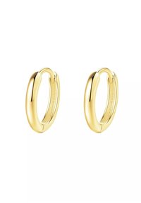 Orecchini a cerchio color oro con un design liscio e arrotondato. Presentano una superficie lucida e un meccanismo di chiusura sicuro.