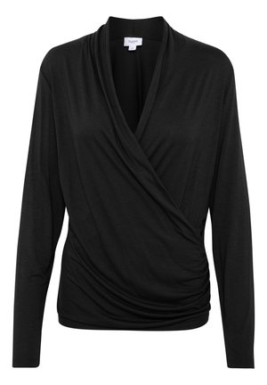 Black long-sleeve top with a wrap design, made from soft fabric. Features gathered detailing at the waist and a deep V-neckline.
