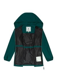 Giacca impermeabile color teal con cappuccio e zip argento, caratterizzata da un interno nero con un motivo testurizzato e diversi taschini interni.