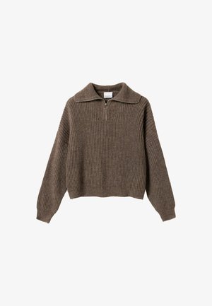 Hnedý pletený pulóver s ryhovanou textúrou, golierom a polovičným zipsom. Obsahuje dlhé rukávy a skrátený lem.