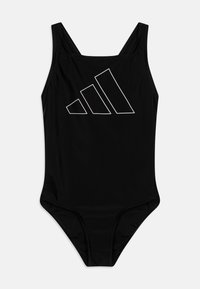 Zwarte badpak van gladde stof. Beschikt over brede bandjes en een wit Adidas-logo in een driehoekig ontwerp op de voorkant.