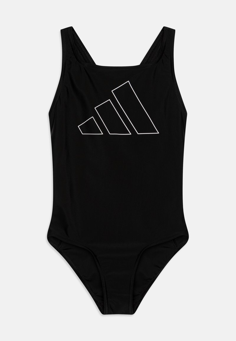 Zwarte badpak van gladde stof. Beschikt over brede bandjes en een wit Adidas-logo in een driehoekig ontwerp op de voorkant.
