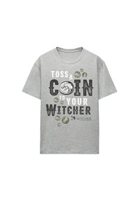 Grey cotton T-shirt featuring a graphic print with the text “TOSS A COIN TO YOUR WITCHER” in bold black and white, with coin designs.