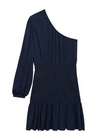 Mornarsko modra obleka se ponaša z enostranskim oblikovanjem, dolgim nabornim rokavom, nabranim pasom ter raztegnjenim volanastim robom. Narejena je iz lahkotnega materiala.