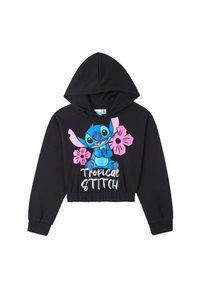 Felpa nera corta con un grafico frontale di un personaggio blu che tiene dei fiori rosa, con il testo "Tropical Stitch" in bianco.