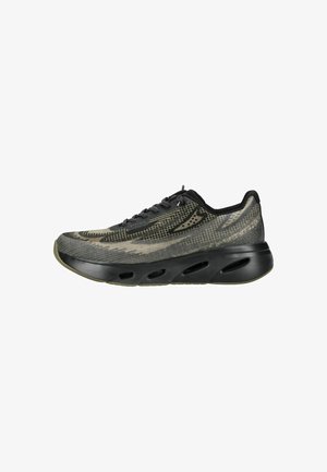 Black and olive green athletic shoe with patterned mesh upper, black lace closure, and thick black sole with oval ventilation holes.