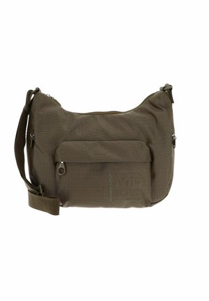 Borsa a tracolla in tessuto marrone con texture, cinturino regolabile, tasca con zip frontale e chiusura principale a zip.