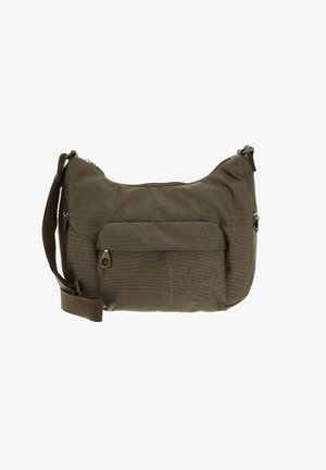 Borsa a tracolla in tessuto marrone con texture, cinturino regolabile, tasca con zip frontale e chiusura principale a zip.