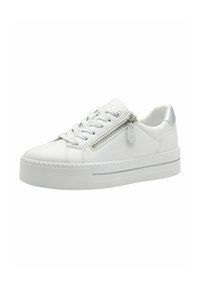 White sneaker with a smooth leather upper, round toe, flat sole, and a side zipper detail. Silver accents on the heel and sole.