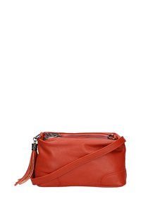 Borsa a tracolla rossa in pelle con superficie texturizzata, chiusura con zip e un accento a nappina attaccato alla zip. Forma rettangolare compatta.