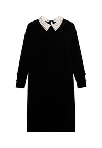 Schwarzes Kleid mit langen Ärmeln, ausgestattet mit einem weißen Kragen, der mit Nieten verziert ist. Schlichte gerade Form mit Knopfdetails an den Ärmelbündchen.