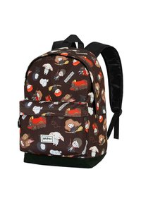 Mochila temática de Harry Potter hecha de tela, con un fondo marrón y coloridos personajes de dibujos animados, un bolsillo delantero y correas ajustables.
