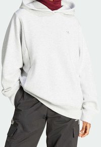 Ljusgrå hoodie med ledig passform och en känguruficka. Har en liten logotyp på bröstet och ribbade muddar för extra textur.