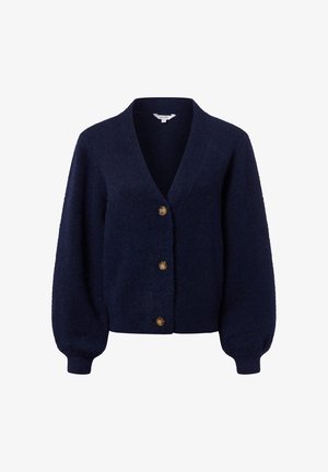 Marineblauwe cardigan van zacht materiaal, met een V-hals, lange pofmouwen en vier gouden knopen aan de voorkant.