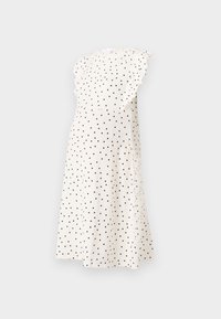 Valkoinen ilmanhihoja mekko mustilla pallokuvioilla, jossa on röyhelökoristeet olkapäillä ja virtaava muotoilu. Valmistettu teksturoidusta kankaasta.