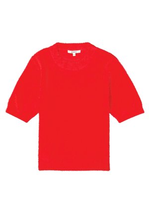 Pull rouge à manches courtes en matériau moelleux, avec un col rond et une texture douce, adapté à un usage décontracté.