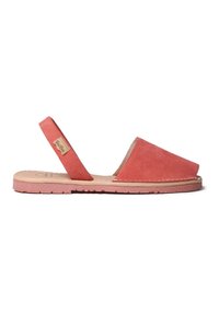 Coral suede slingback sandals with a low heel, rounded toe, and a stitched beige sole, featuring a brand label on the strap.