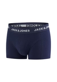 Marineblauwe katoenen boxershorts met een witte elastische tailleband waarop het logo "JACK & JONES" staat. Ontworpen voor comfort met een aansluitende pasvorm.