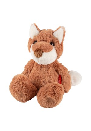 Plush fox toy with soft brown fur, white muzzle and tail tip, black eyes, and a red fabric tag on the side.
