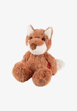 Giocattolo di volpe di peluche con morbido pelo marrone, muso bianco e punta della coda bianca, occhi neri e un'etichetta di stoffa rossa sul lato.