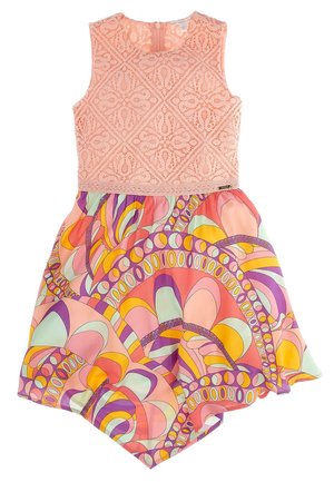 Ærmeløs børnekjole med lyserød blondefront og farverig, snoet abstrakt mønstret nederdel i lilla, gul, orange og mintgrøn.