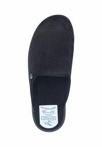 Black slip-on shoe made of soft fabric with a diamond pattern. Features a padded insole and a durable rubber sole for comfort and stability.