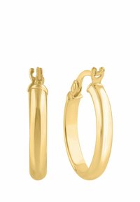 Náušnice zo žltého zlata v tvare hladkého, zaobleného kruhu s jedinečným zapínaním pripomínajúcim štýlizované ruky. Leštený povrch; ľahká textúra.