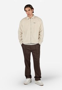 Light beige fleece zip jacket with collar, paired with brown trousers featuring seam detailing, and white sneakers.
