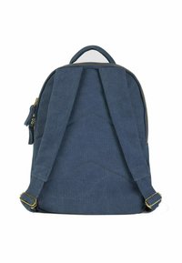 Sac à dos en toile bleue avec fermeture éclair, bretelles rembourrées et une poignée supérieure. Présente un motif géométrique à l'arrière.