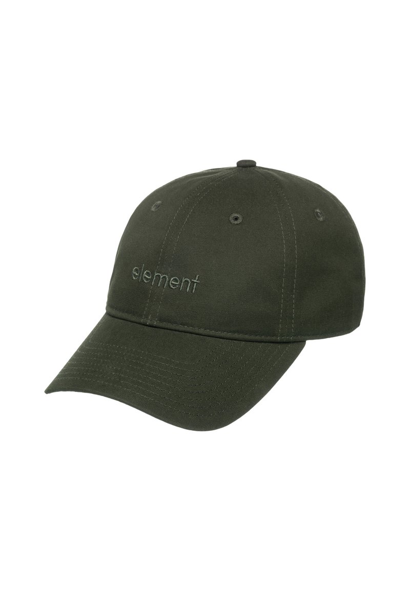 Grüne Baumwoll-Baseballmütze mit gebogenem Schirm, ausgestattet mit genähten Details und einem gestickten "element"-Logo auf der Vorderseite.