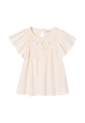 Cream-colored short-sleeve blouse with floral cut-out embroidery on the front yoke and a keyhole button closure at the back neckline.