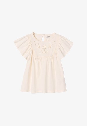 Cream-colored short-sleeve blouse with floral cut-out embroidery on the front yoke and a keyhole button closure at the back neckline.