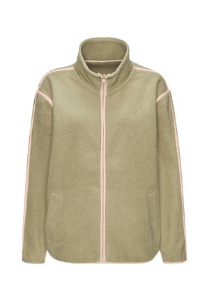 Light olive green fleece jacket with full front zipper, high collar, and light pink trim along zipper and sleeves.