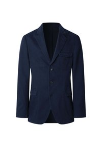 Blazer de pana azul marino con solapa de muesca, tres botones, dos bolsillos delanteros y un bolsillo en el pecho. Superficie texturizada.