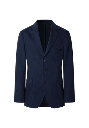 Blazer en velours côtelé bleu marine avec un col cranté, trois boutons, deux poches avant et une poche poitrine. Surface texturée.