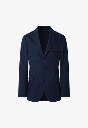 Marineblauer Cord-Blazer mit Schlagaufschlag, drei Knöpfen, zwei Fronttaschen und einer Brusttasche. Strukturierte Oberfläche.
