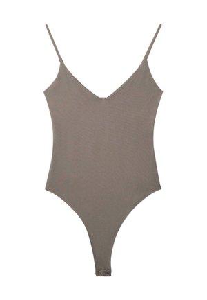Body taupe senza maniche con sottili spalline regolabili a spaghetti, scollo a V e chiusure a scatto all'altezza dell'inguine.
