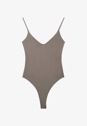 Body taupe senza maniche con sottili spalline regolabili a spaghetti, scollo a V e chiusure a scatto all'altezza dell'inguine.