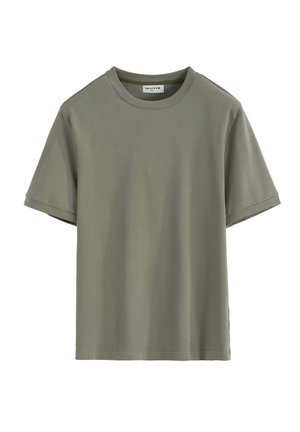 T-shirt court en coton vert olive uni avec manches courtes, col rond et ourlet droit, présenté sur un fond blanc.