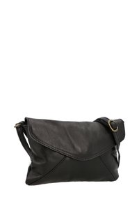 Schwarze Lederhandtasche mit einem umschlagbaren Deckel, kontrastierenden Nähten und einem verstellbaren Tragegurt. Sie verfügt über eine schlanke, strukturierte Oberfläche.
