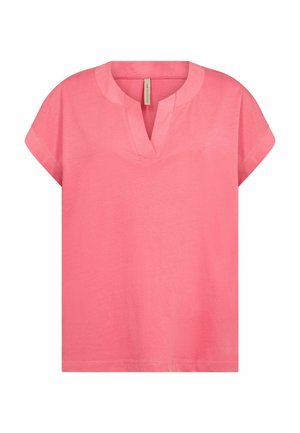 Short-sleeve coral pink blouse with a split V-neck and relaxed fit, designed for casual wear.